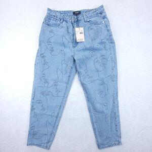 Missguided Mom Jeans Women Faces Line Art Print High Rise Tapered Size 10 Petite